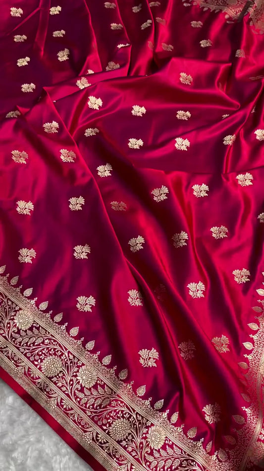 Indrai Maroon Satin Silk Saree with Rich Golden Zari Border and Floral Butta Design
