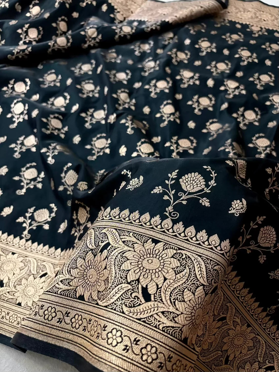 Black Floral Buti Satin Silk Banarasi Saree