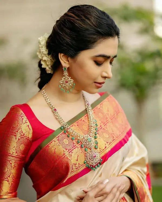 Cream Red Kanjivaram Saree
