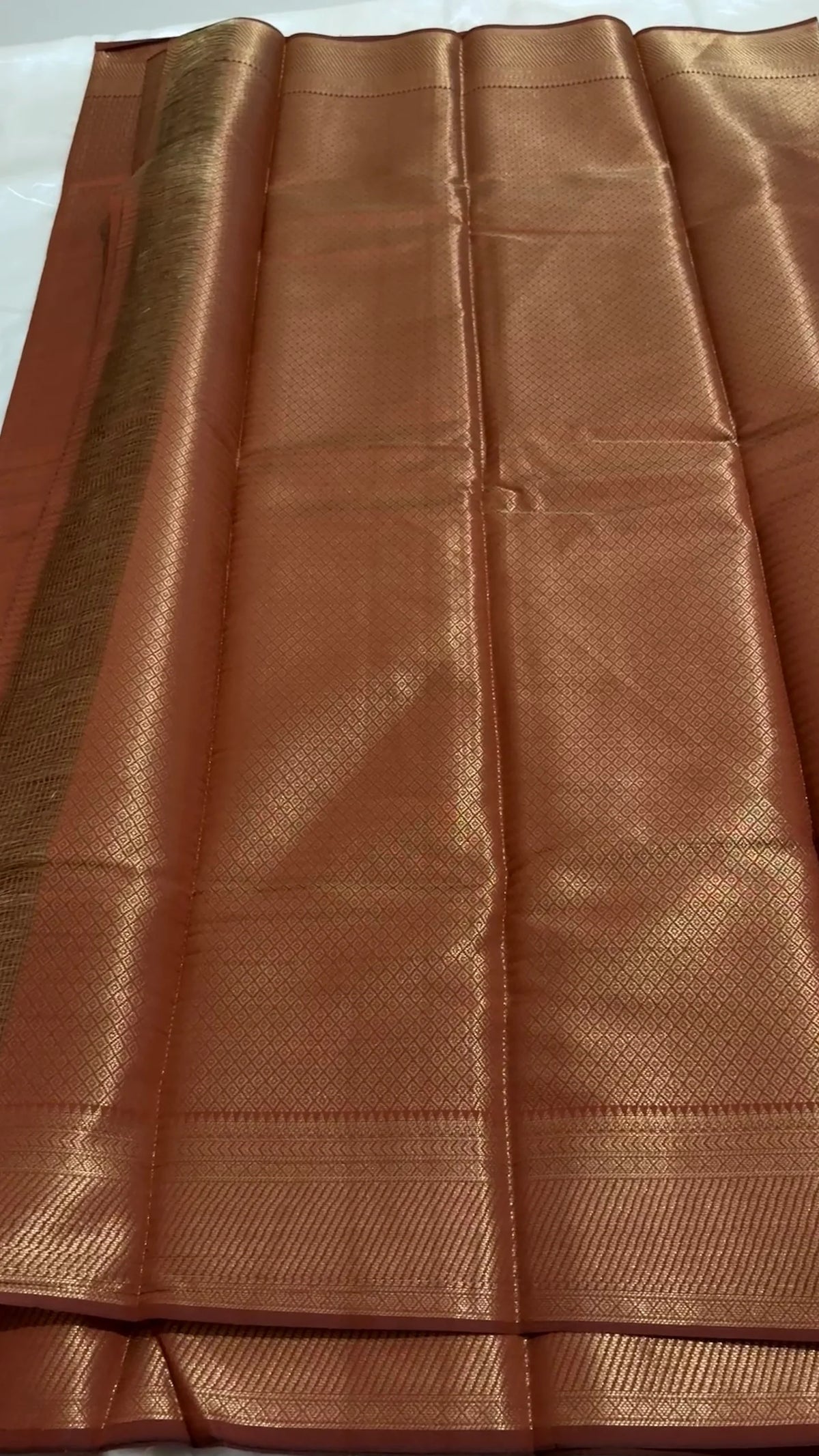 Copper Brown Banarasi Silk Saree with All-Over Geometric Zari Weave & Rich Border | Traditional Saree