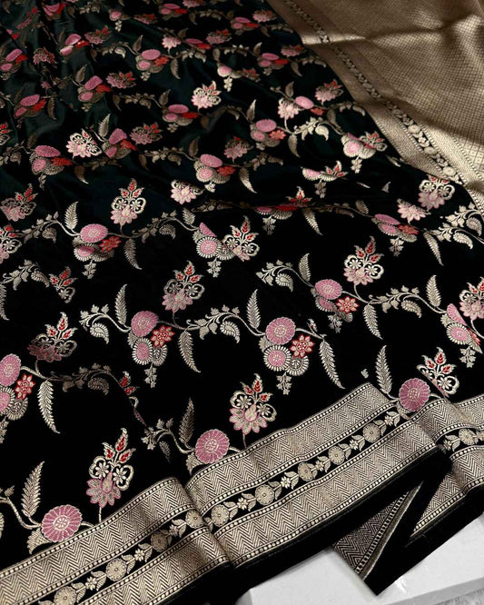 Black Mashru Katan Silk Saree with Floral Zari Weave & Designer Golden Border