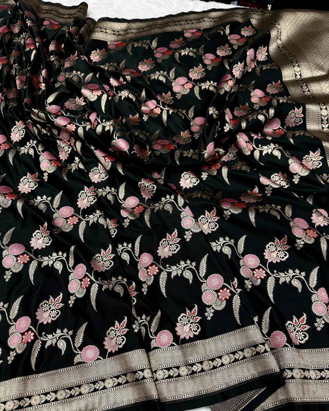 Black Mashru Katan Silk Saree with Floral Zari Weave & Designer Golden Border