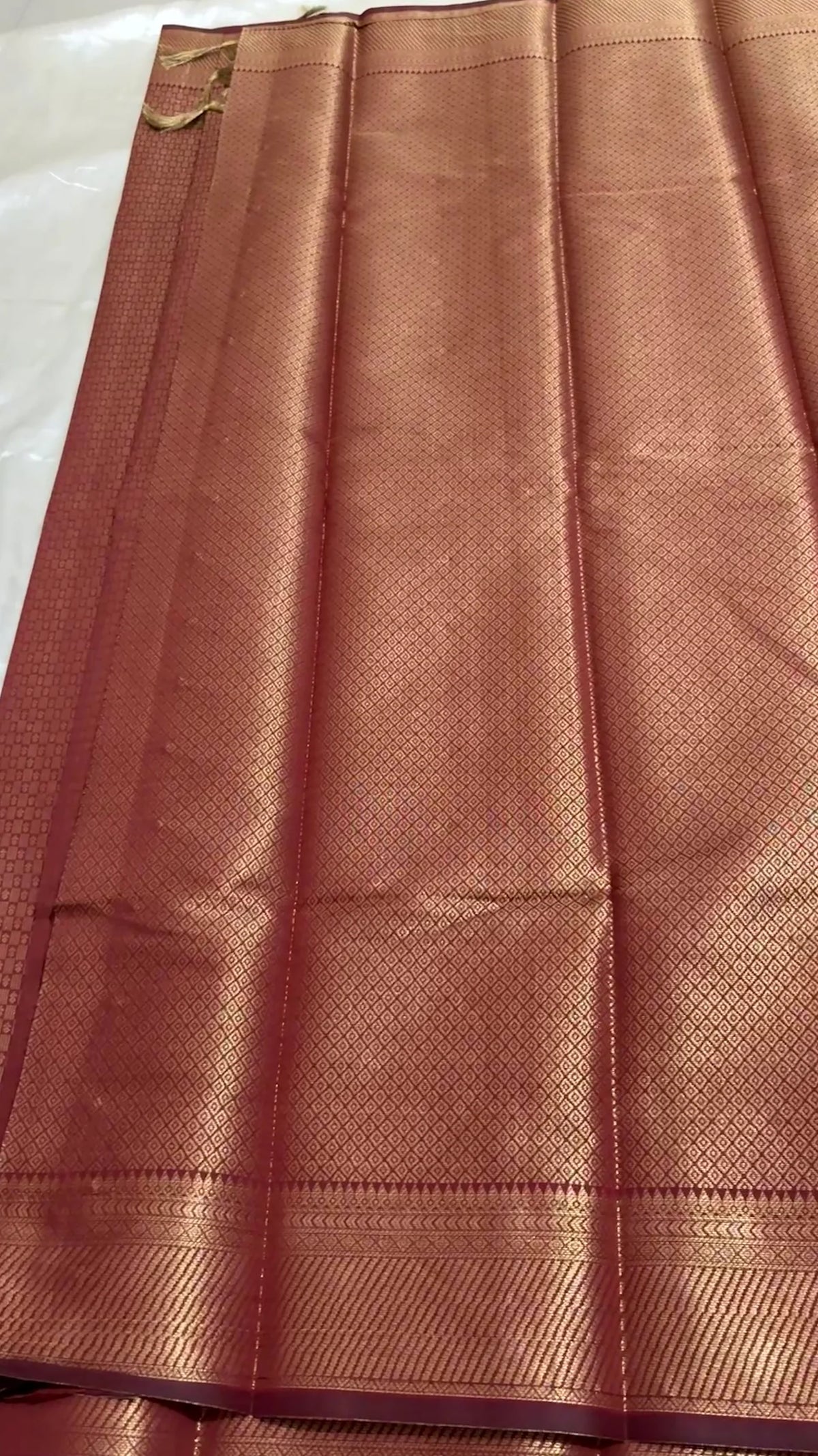 Copper Rose Gold Silk Saree with All-Over Geometric Zari Weave & Rich Woven Border | Traditional Saree