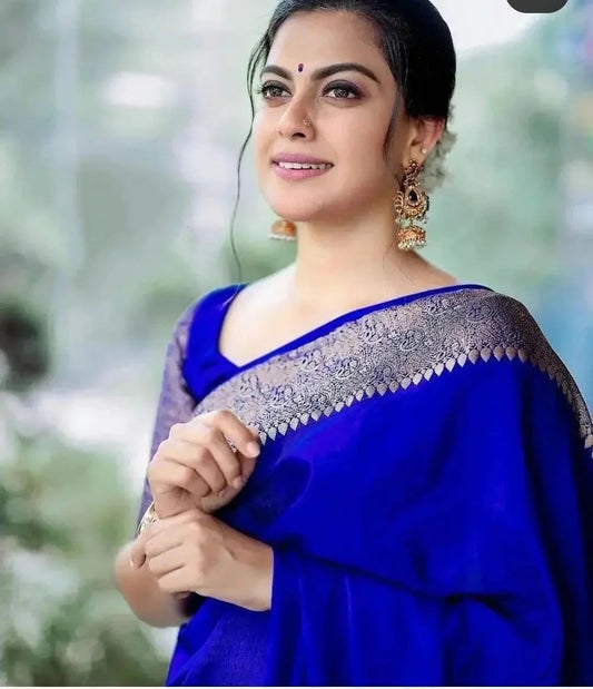 Nayira - Royal Blue Soft Silk Saree with Silver Zari Border and Matching Blouse