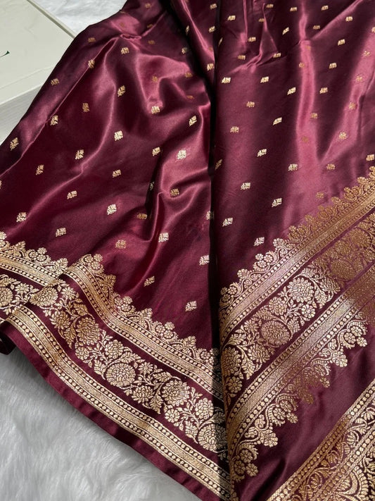 Garnet Booti Pattern Satin Katan Silk Saree