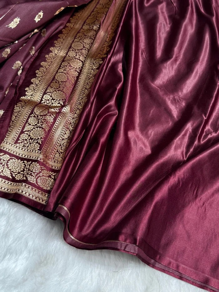 Garnet Booti Pattern Satin Katan Silk Saree