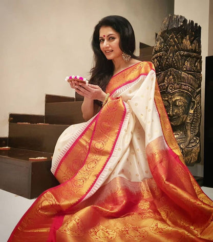White Red Kanjivaram Saree