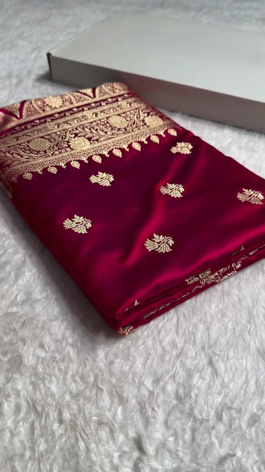 Indrai Maroon Satin Silk Saree with Rich Golden Zari Border and Floral Butta Design