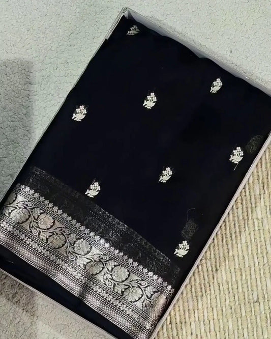 Black Banarasi Saree with Silver Zari Floral Border