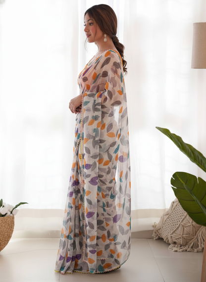 White Multicolor Printed Saree