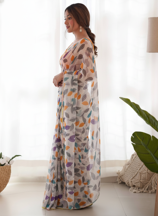 White Multicolor Printed Saree