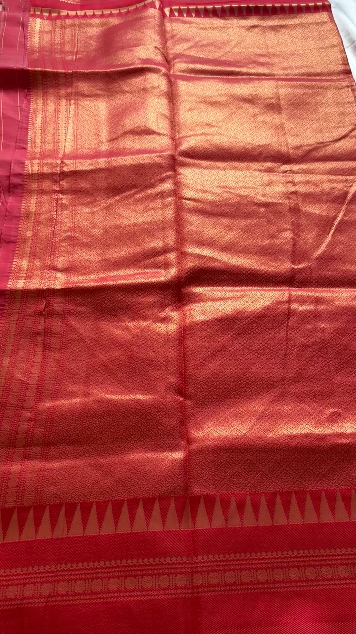 Rani Pink & Gold Silk Saree with Woven Floral Motifs & Zari Border | Traditional Designer Saree
