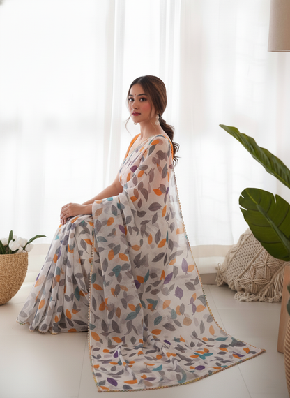 White Multicolor Printed Saree
