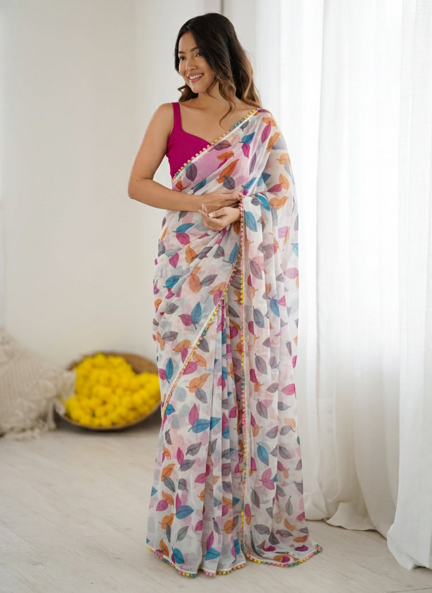 White Multicolor Printed Saree