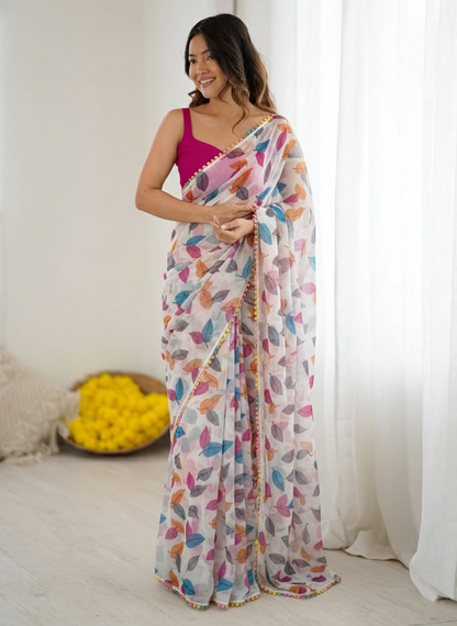White Multicolor Printed Saree