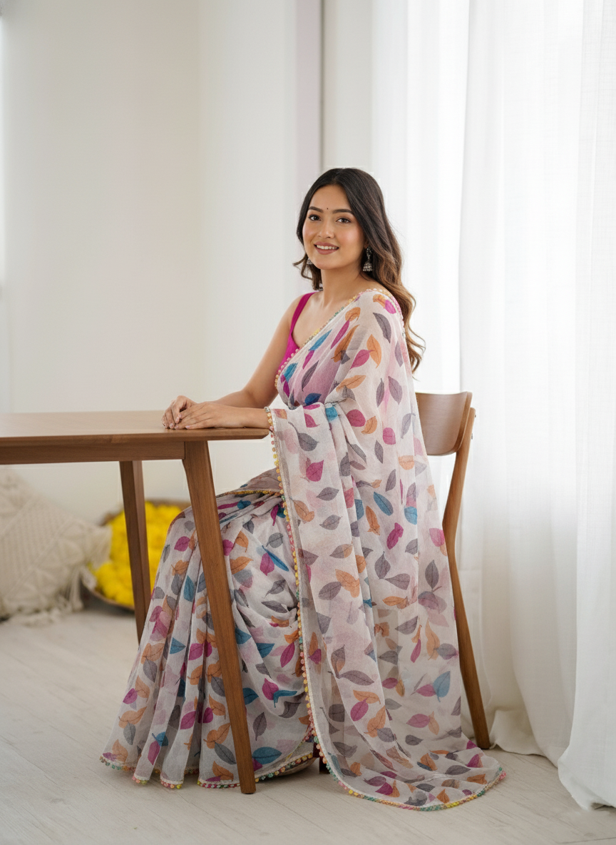 White Multicolor Printed Saree