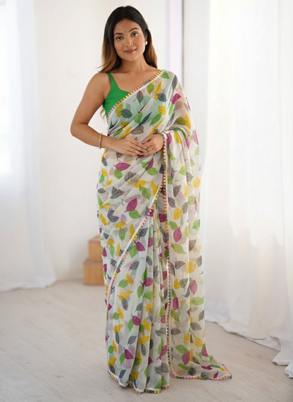 White Multicolor Printed Saree