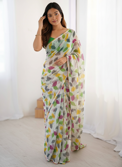 White Multicolor Printed Saree
