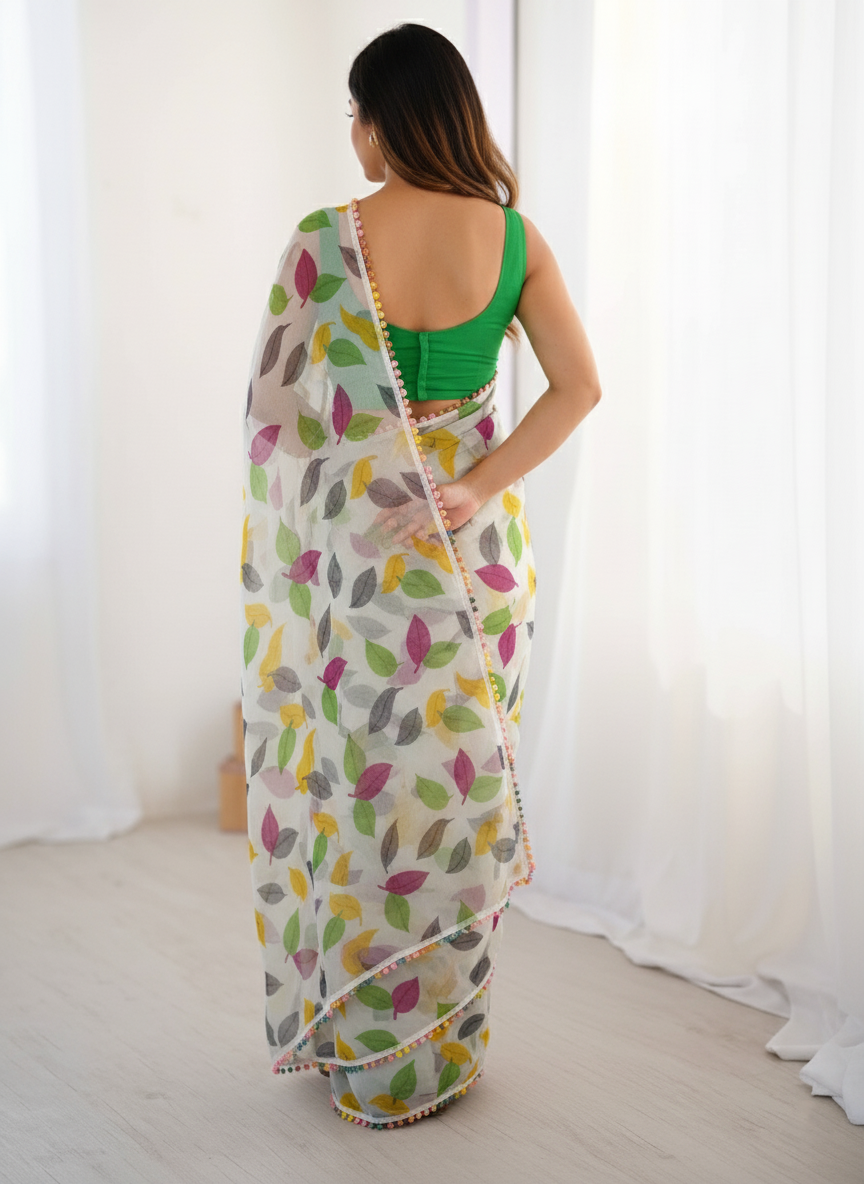 White Multicolor Printed Saree