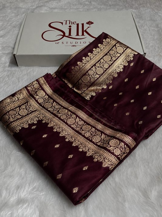 Garnet Booti Pattern Satin Katan Silk Saree
