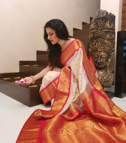 White Red Kanjivaram Saree