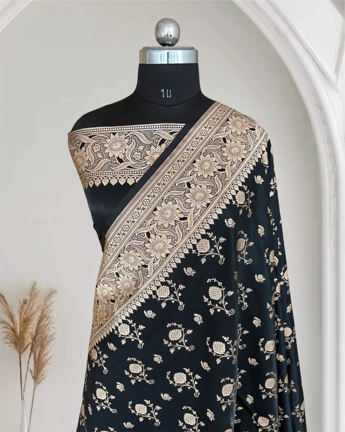 Black Floral Buti Satin Silk Banarasi Saree