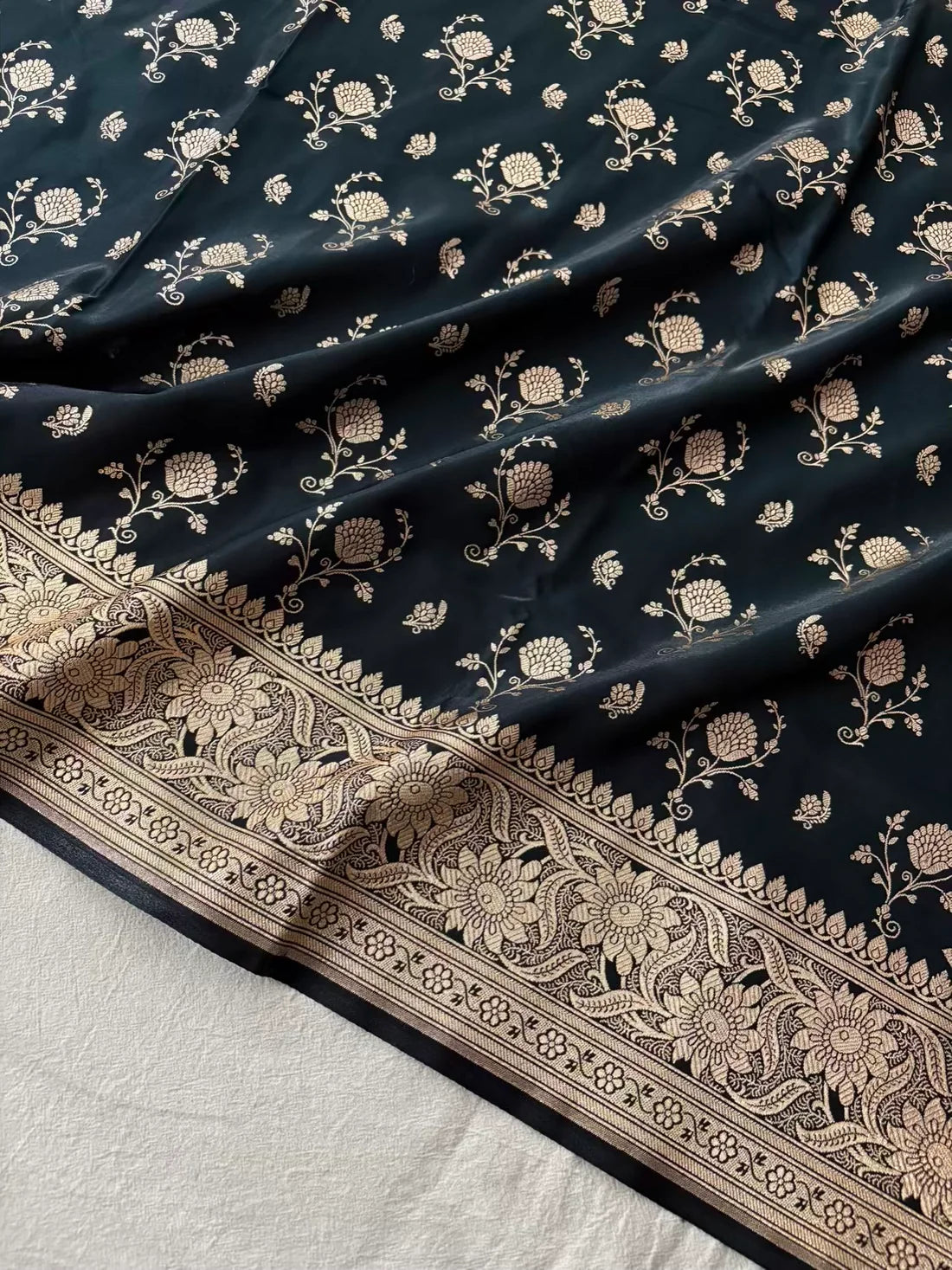 Black Floral Buti Satin Silk Banarasi Saree