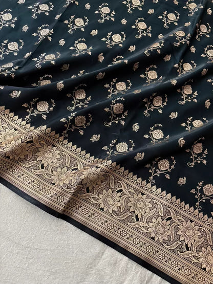 Black Floral Buti Satin Silk Banarasi Saree