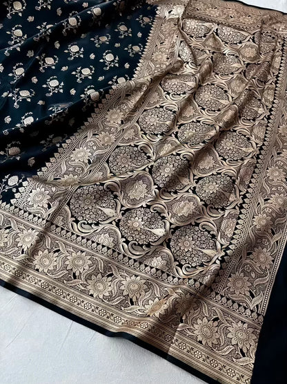 Black Floral Buti Satin Silk Banarasi Saree