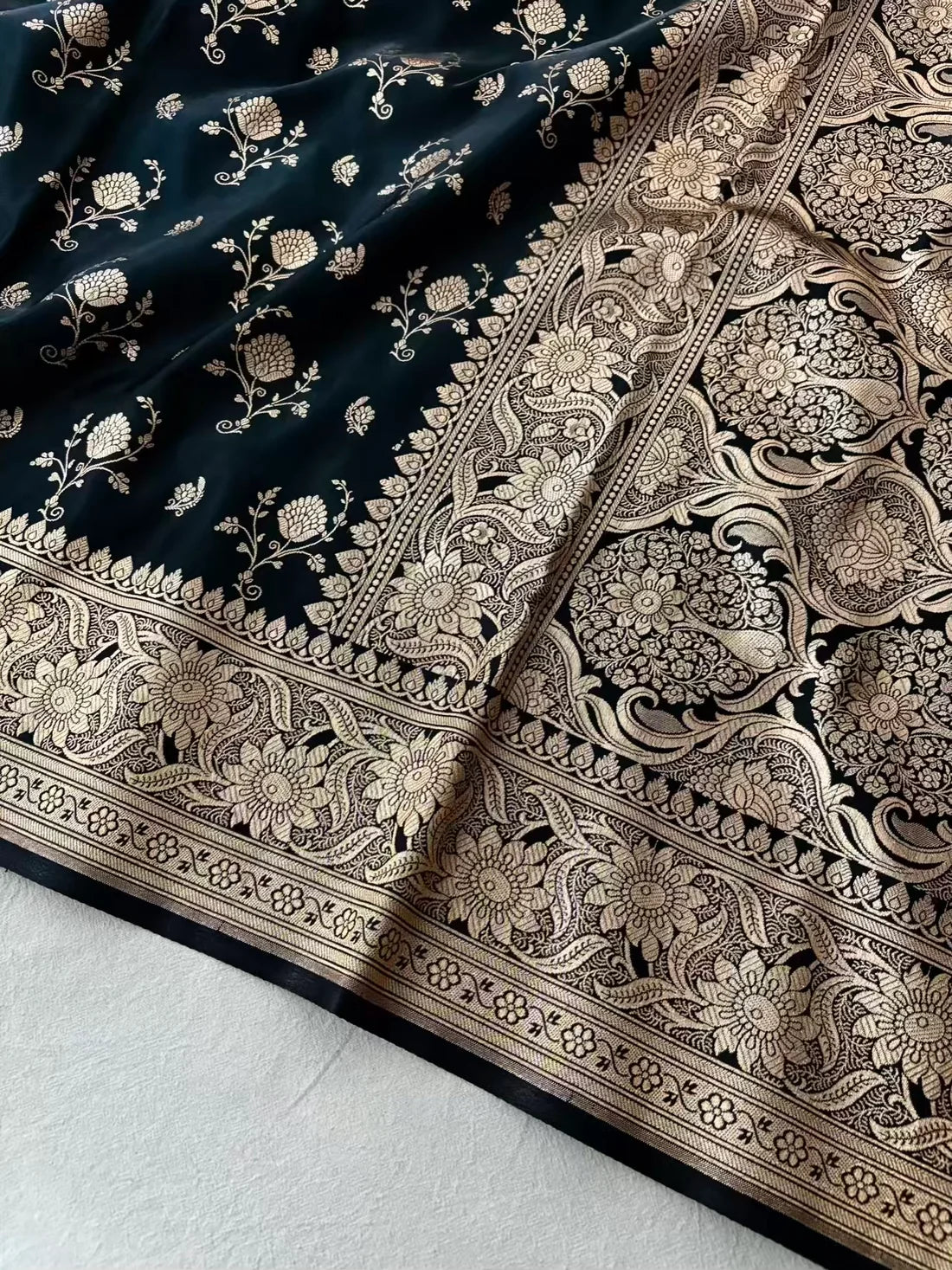 Black Floral Buti Satin Silk Banarasi Saree