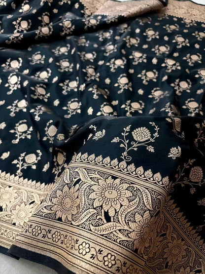 Black Floral Buti Satin Silk Banarasi Saree