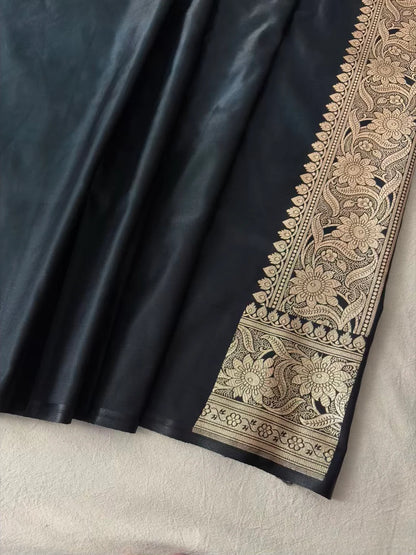 Black Floral Buti Satin Silk Banarasi Saree