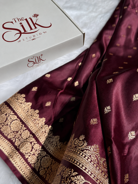 Garnet Booti Pattern Satin Katan Silk Saree