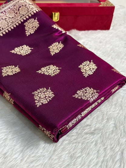 Wine Shaded New Motif Satin Silk Banarasi Saree.