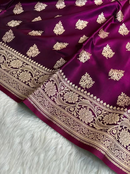 Wine Shaded New Motif Satin Silk Banarasi Saree.