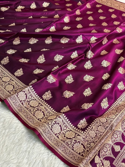 Wine Shaded New Motif Satin Silk Banarasi Saree.