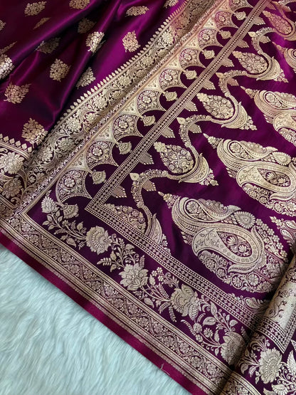 Wine Shaded New Motif Satin Silk Banarasi Saree.