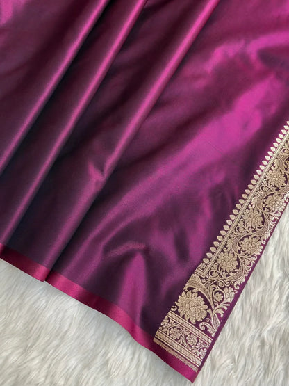 Wine Shaded New Motif Satin Silk Banarasi Saree.