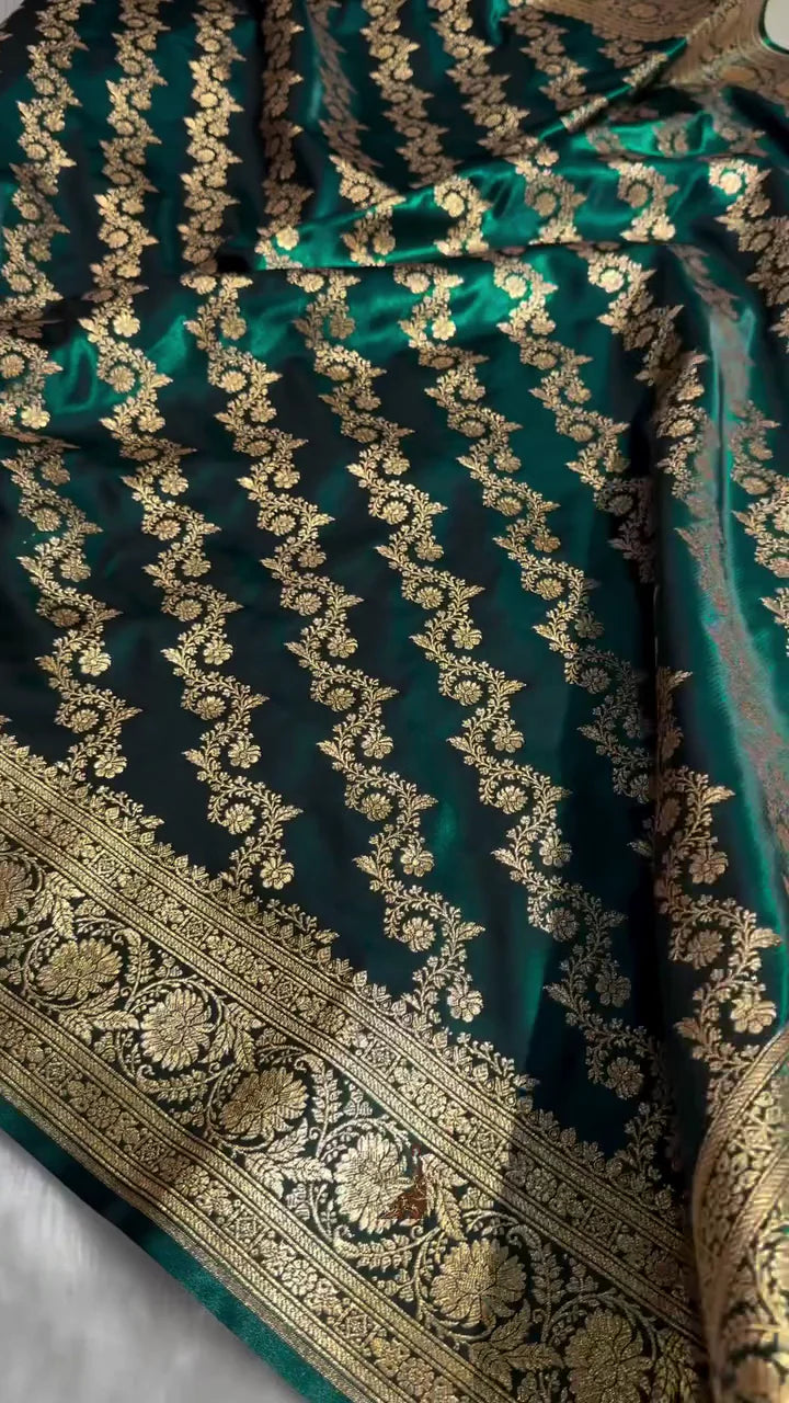 DARK TEAL GREEN BANARASI SILK SAREE WITH HEAVY GOLD ZARI FLORAL JAAL & RICH TRADITIONAL BORDER