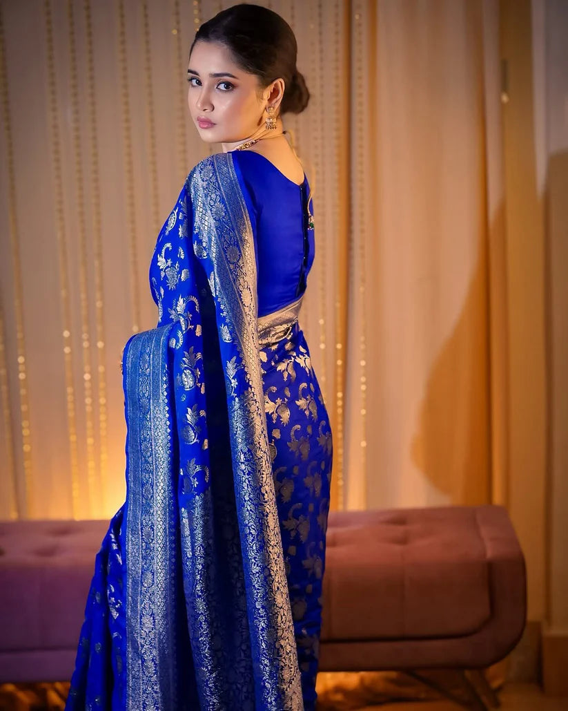 Royal Blue Soft Pretty Banarasi Silk Saree With Glorious Blouse Piece