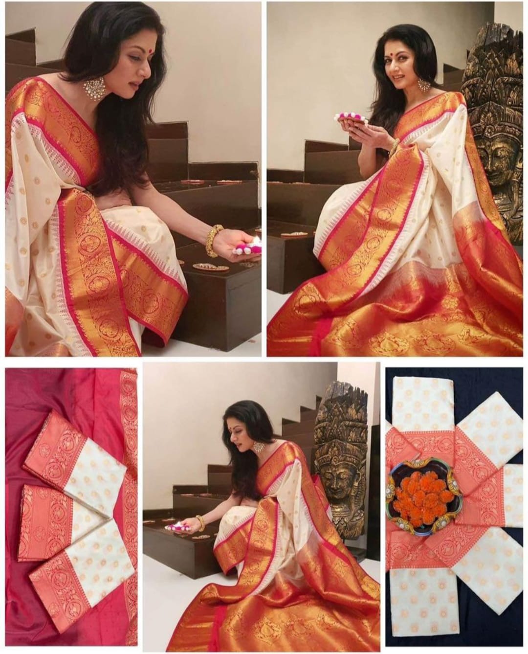 White Red Kanjivaram Saree