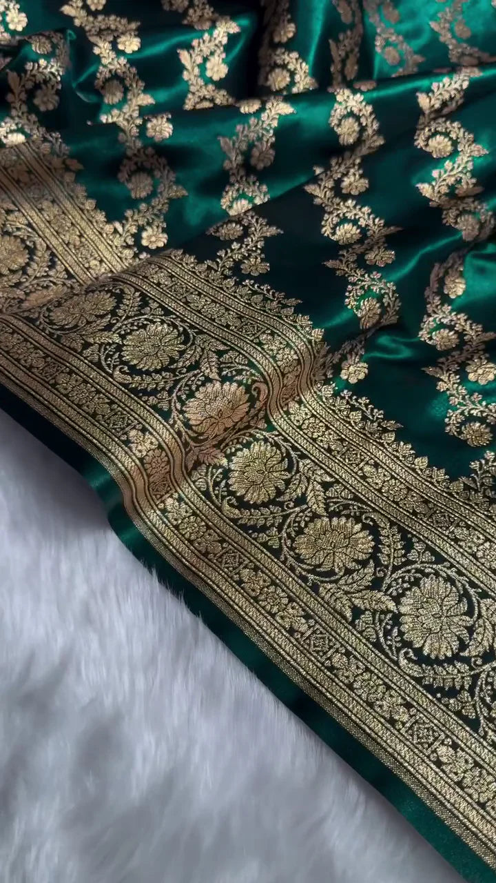 DARK TEAL GREEN BANARASI SILK SAREE WITH HEAVY GOLD ZARI FLORAL JAAL & RICH TRADITIONAL BORDER