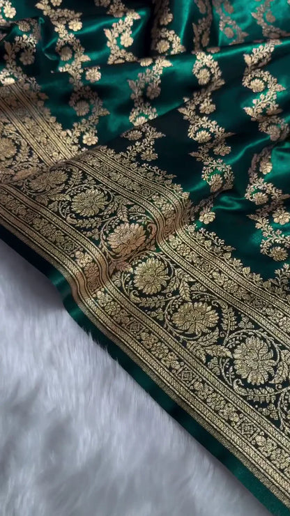 DARK TEAL GREEN BANARASI SILK SAREE WITH HEAVY GOLD ZARI FLORAL JAAL & RICH TRADITIONAL BORDER
