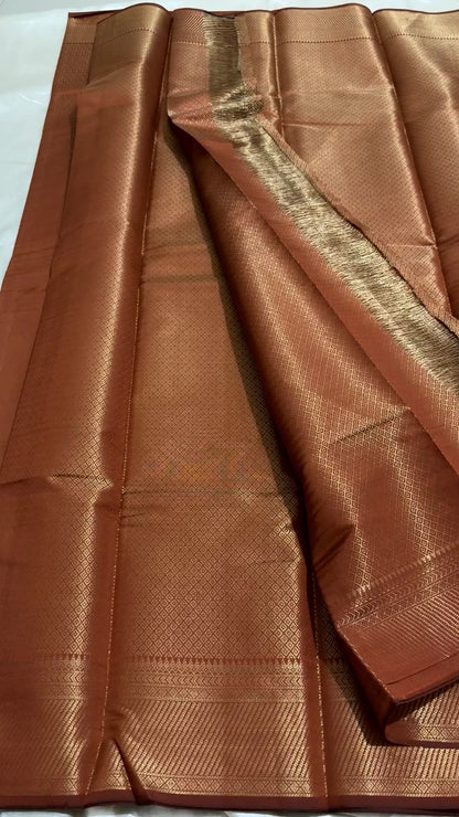 Copper Brown Banarasi Silk Saree with All-Over Geometric Zari Weave & Rich Border | Traditional Saree
