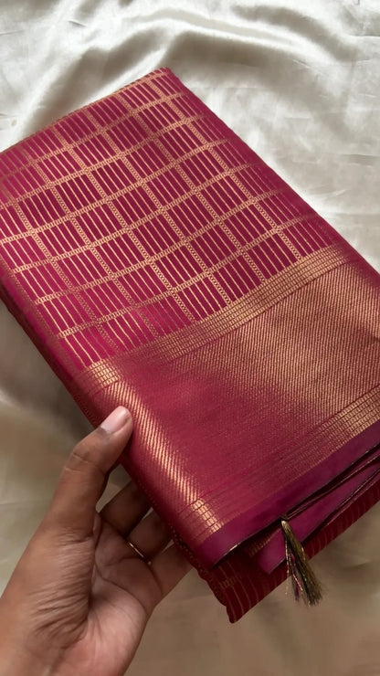 Vidhya Wine Pink Banarasi Silk Saree with Gold Zari Checks Rich Woven Border