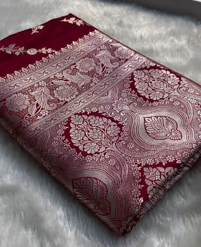 Ruby Red Banarasi Silk Saree with Silver Floral Zari Motifs & Elegant Border | Premium Festive Wear