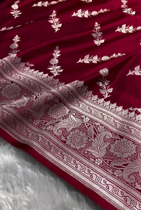 Ruby Red Banarasi Silk Saree with Silver Floral Zari Motifs & Elegant Border | Premium Festive Wear