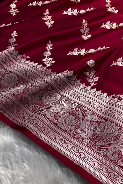 Ruby Red Banarasi Silk Saree with Silver Floral Zari Motifs & Elegant Border | Premium Festive Wear