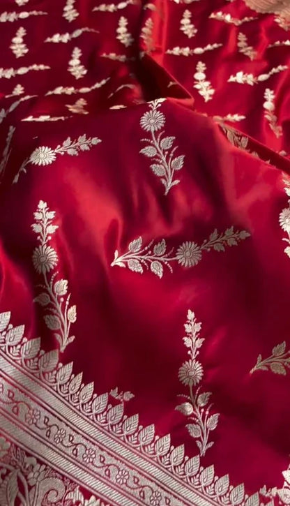 Ruby Red Banarasi Silk Saree with Silver Floral Zari Motifs & Elegant Border | Premium Festive Wear