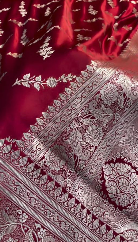 Ruby Red Banarasi Silk Saree with Silver Floral Zari Motifs & Elegant Border | Premium Festive Wear